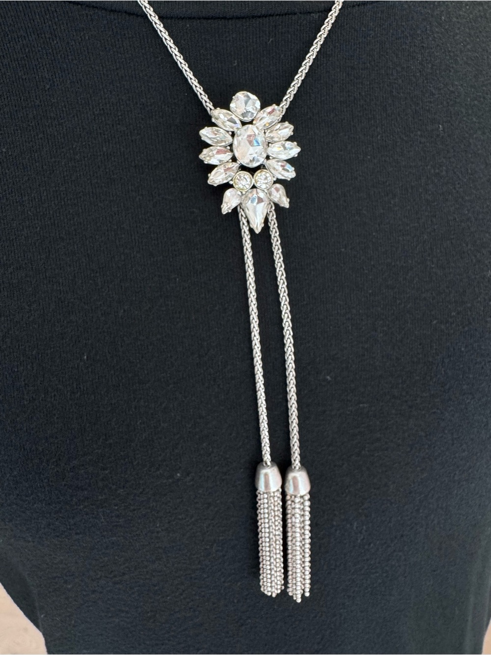 Lucky Brand Silver Crystal Tassel Necklace